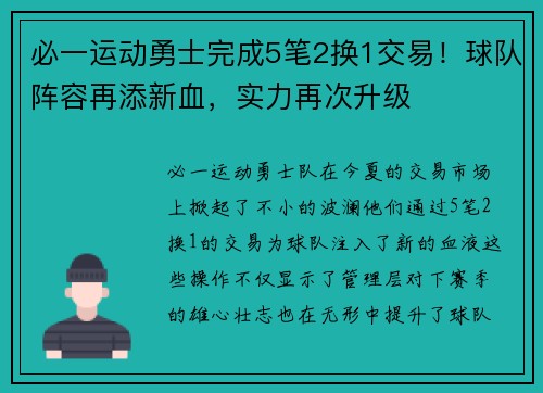 必一运动勇士完成5笔2换1交易！球队阵容再添新血，实力再次升级
