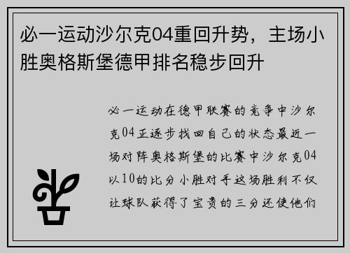 必一运动沙尔克04重回升势，主场小胜奥格斯堡德甲排名稳步回升